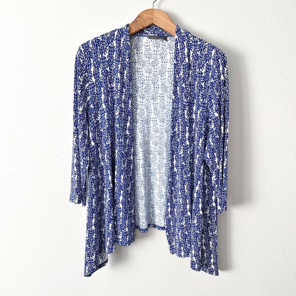 Chico's Travelers‎ Size 3 Blue White Pineapple Open Front Knit Cardigan Size XL